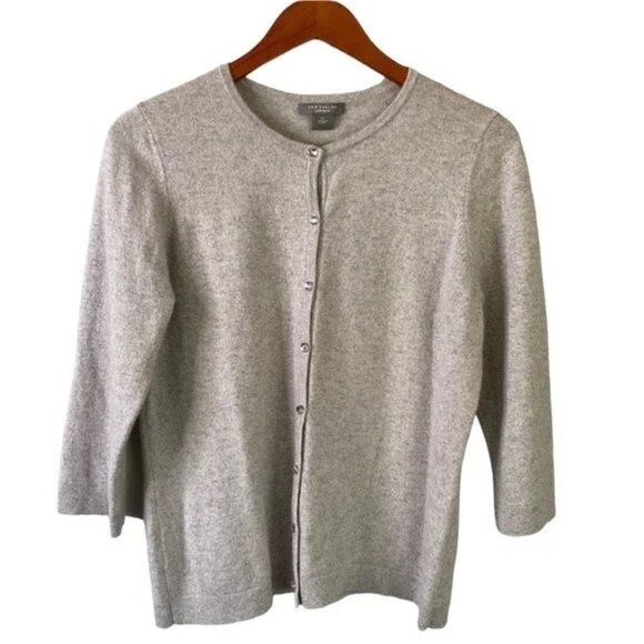 Ann Taylor Cashmere Button Front 3/4 Sleeve Cardigan Sweater Silver S - Picture 1 of 9